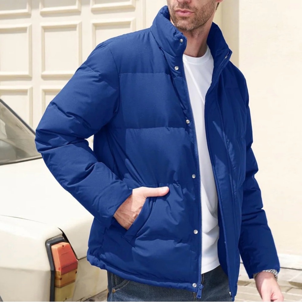Men's Casual Blue Puffer Jacket - Classic Quilted Coat